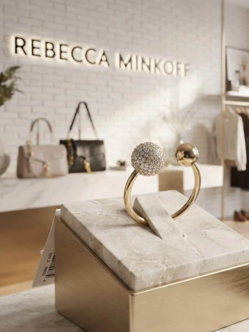 Rebecca Minkoff Gold-Tone Pavé Rhinestone & Polished Ball Open Ring – Size 7